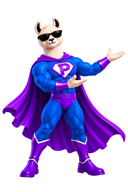Llama Superhéroe Platita presentando la aplicación